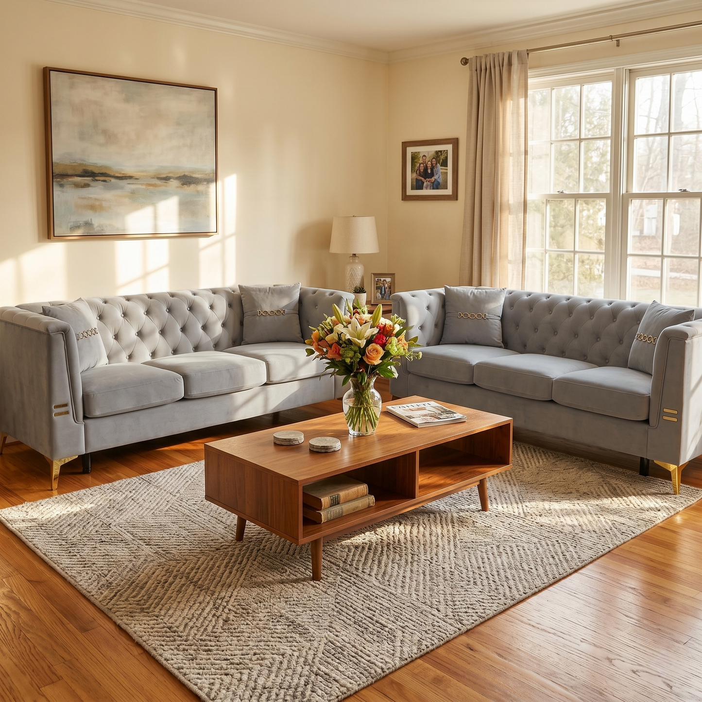 Mid-Century Velvet Sofa Set 2pc Tufted Gray Gold Legs