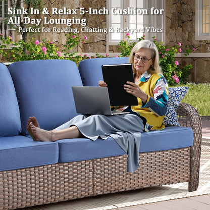 Outdoor Patio Set PE Rattan Blue 5 Piece T-Back Swivel High Back Chairs
