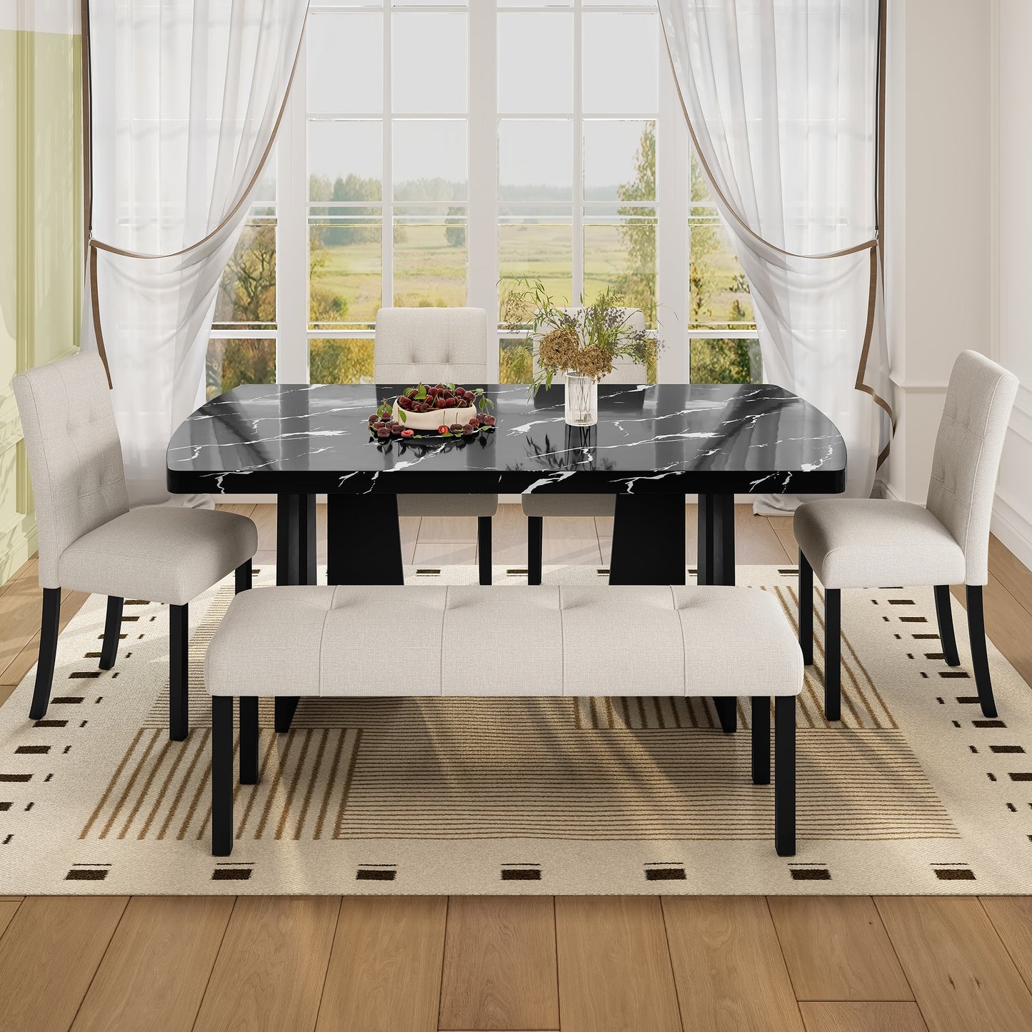 6 Piece Modern Dining Table Set, 63' Faux Marble Dining Table with Geometric