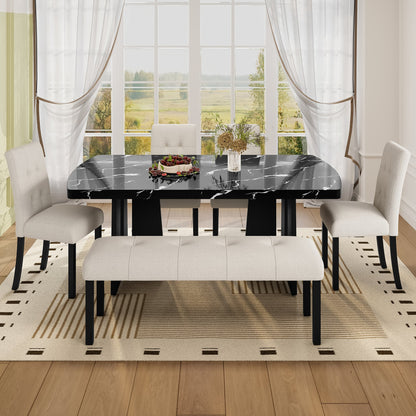 6 Piece Modern Dining Table Set, 63' Faux Marble Dining Table with Geometric
