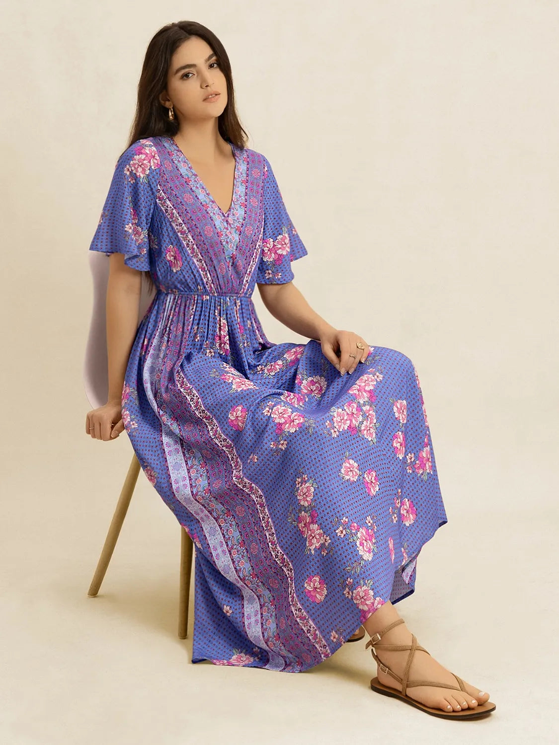Printed Short Sleeve Midi Dress