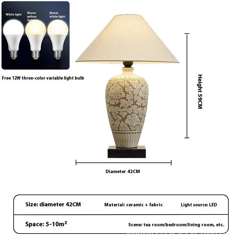 Japanese Ceramic Table Lamp with Fabric Shade