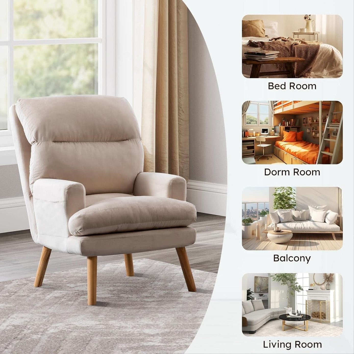 Beige Accent Chair With Ottoman Adjustable Backrest