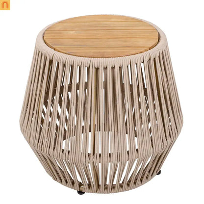 Outdoor Side Table Acacia Wood Rope Base Light Teak Beige 21x18.3in