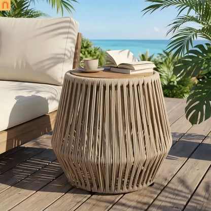 Outdoor Side Table Acacia Wood Rope Base Light Teak Beige 21x18.3in