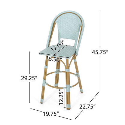 29.5 Inch Outdoor PE Rattan Aluminum French Barstools, Set of 2, Light Teal
