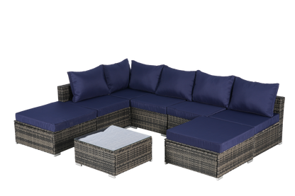 Outdoor Sectional Set PE Rattan Steel Dark Blue 8 Piece Seats 8 380 LB