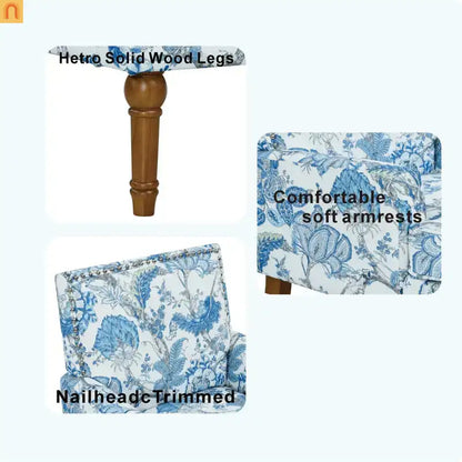 Farmhouse Accent Chair Floral Fabric Blue Nailhead 28