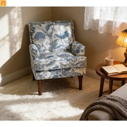 Farmhouse Accent Chair Floral Fabric Blue Nailhead 28