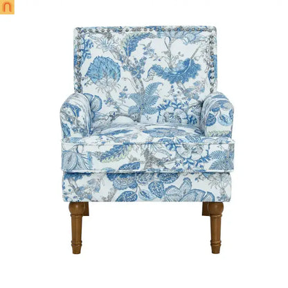 Farmhouse Accent Chair Floral Fabric Blue Nailhead 28