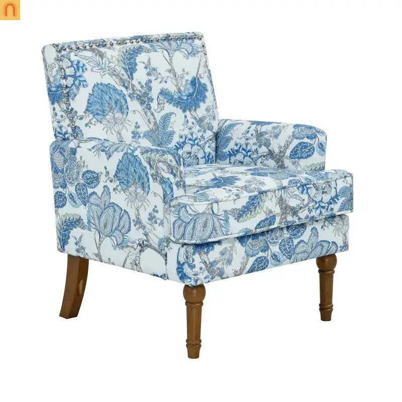 Farmhouse Accent Chair Floral Fabric Blue Nailhead 28