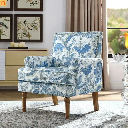 Farmhouse Accent Chair Floral Fabric Blue Nailhead 28