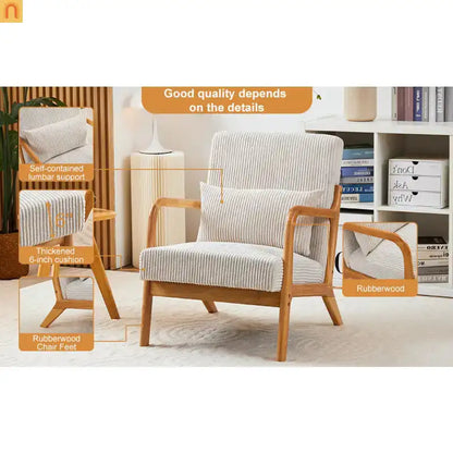 Accent Chair Mid Century Modern Polyester Beige Rubberwood 28.74in