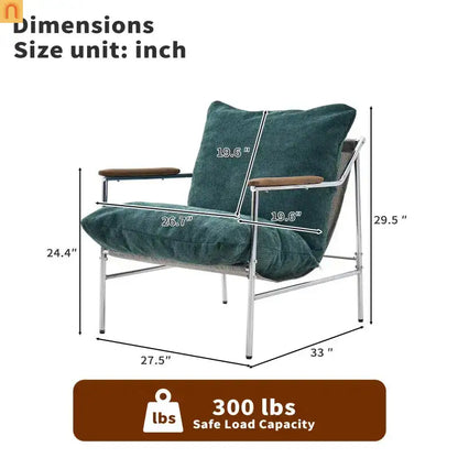 Accent Chair Mid-Century Chenille Green Metal Frame Wood Arms 300 lb 33in
