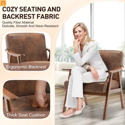 Accent Chair Mid-Century Fabric Brown Rubberwood Curved Arms 300 lb 26in