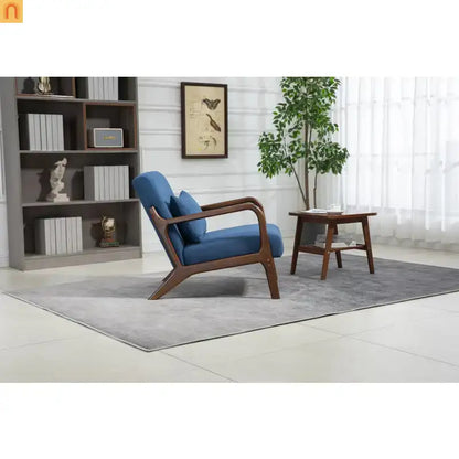 Mid-Century Accent Chair Cotton Linen Blue Wood Frame