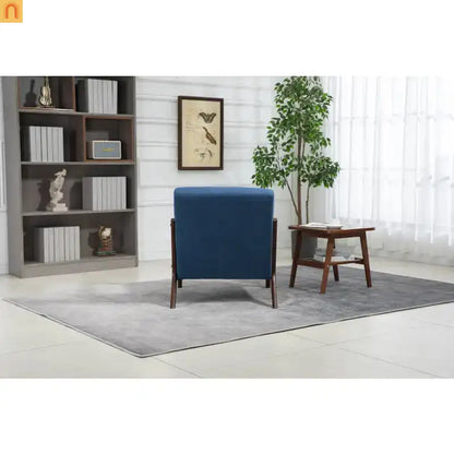 Mid-Century Accent Chair Cotton Linen Blue Wood Frame