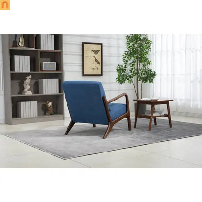 Mid-Century Accent Chair Cotton Linen Blue Wood Frame