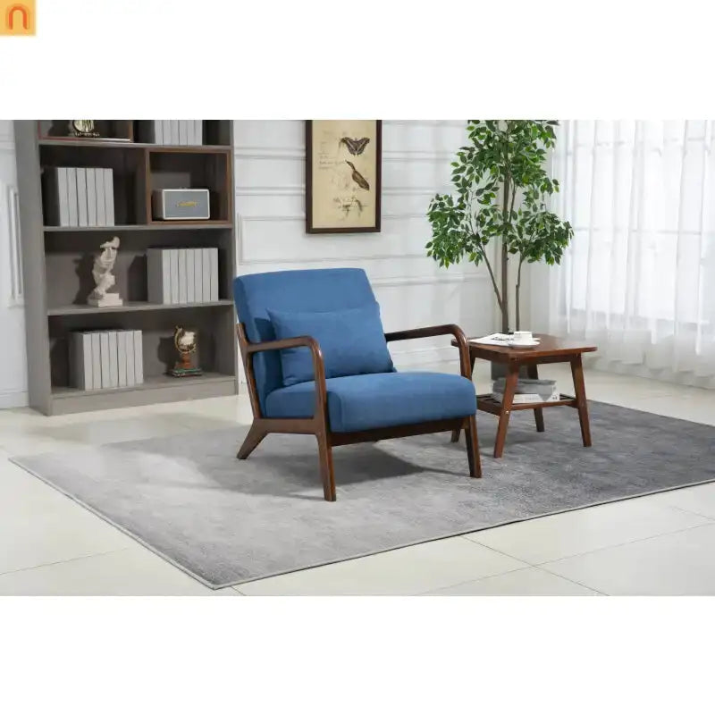 Mid-Century Accent Chair Cotton Linen Blue Wood Frame