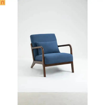 Mid-Century Accent Chair Cotton Linen Blue Wood Frame