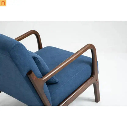 Mid-Century Accent Chair Cotton Linen Blue Wood Frame