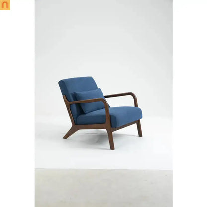 Mid-Century Accent Chair Cotton Linen Blue Wood Frame