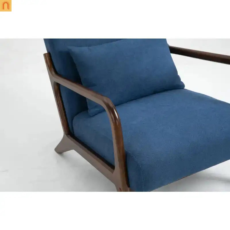 Mid-Century Accent Chair Cotton Linen Blue Wood Frame