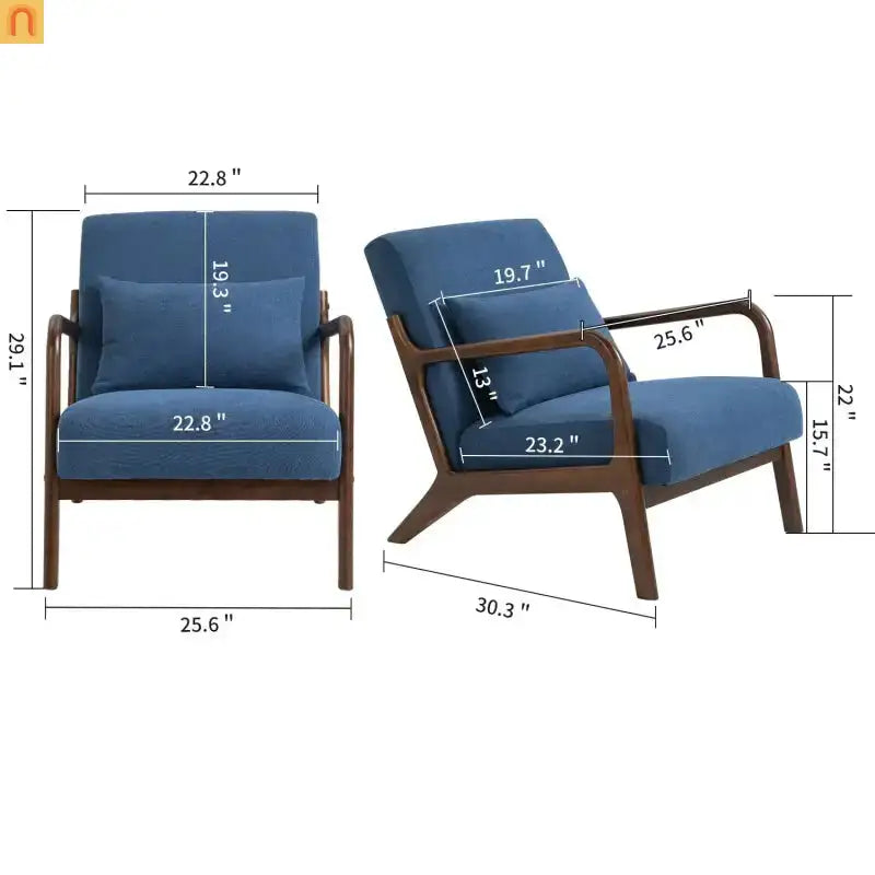 Mid-Century Accent Chair Cotton Linen Blue Wood Frame