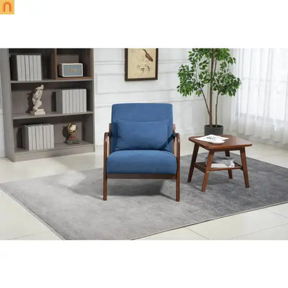 Mid-Century Accent Chair Cotton Linen Blue Wood Frame