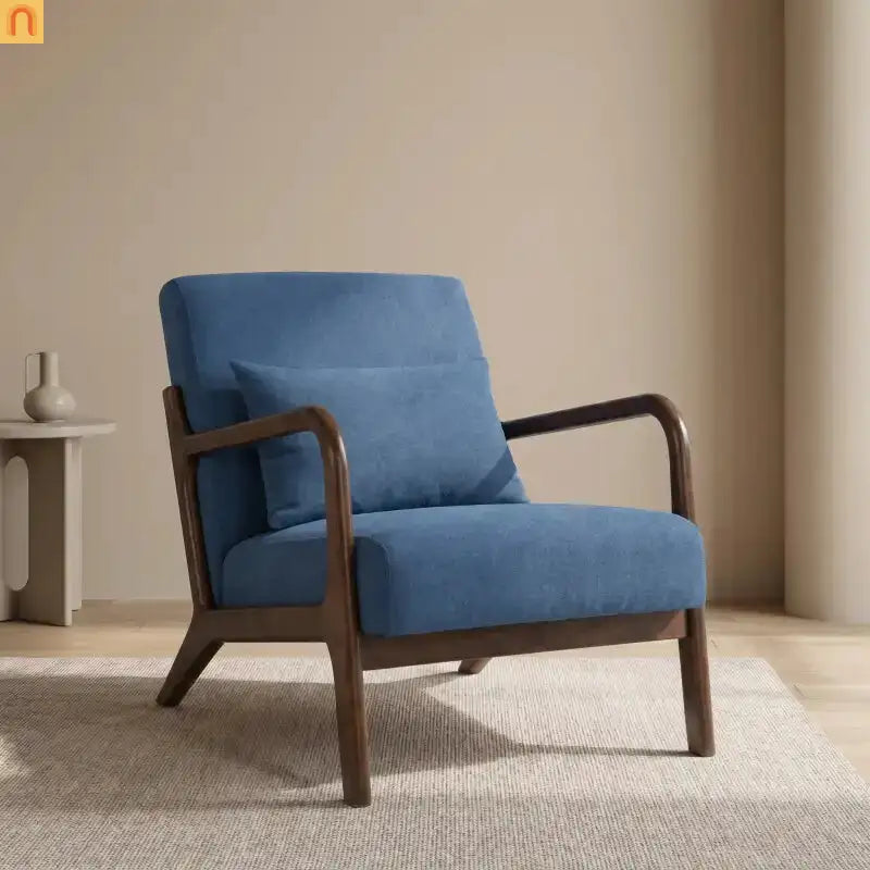 Mid-Century Accent Chair Cotton Linen Blue Wood Frame