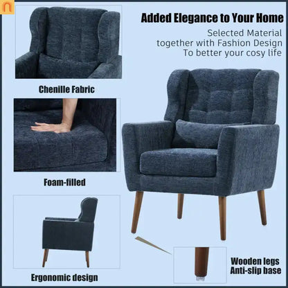 Accent Chair Modern Chenille Dark Blue 28in Waist Pillow 275 lb