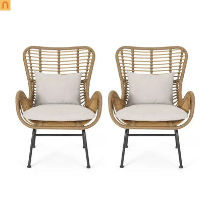 Outdoor Chair PE Rattan Beige Steel Frame Set of 2 37.25in