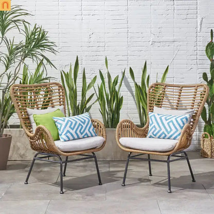 Outdoor Chair PE Rattan Beige Steel Frame Set of 2 37.25in
