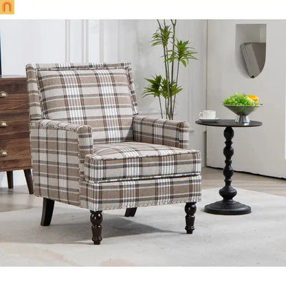 Accent Chair Vintage Linen Striped Nailhead Trim Wood Legs