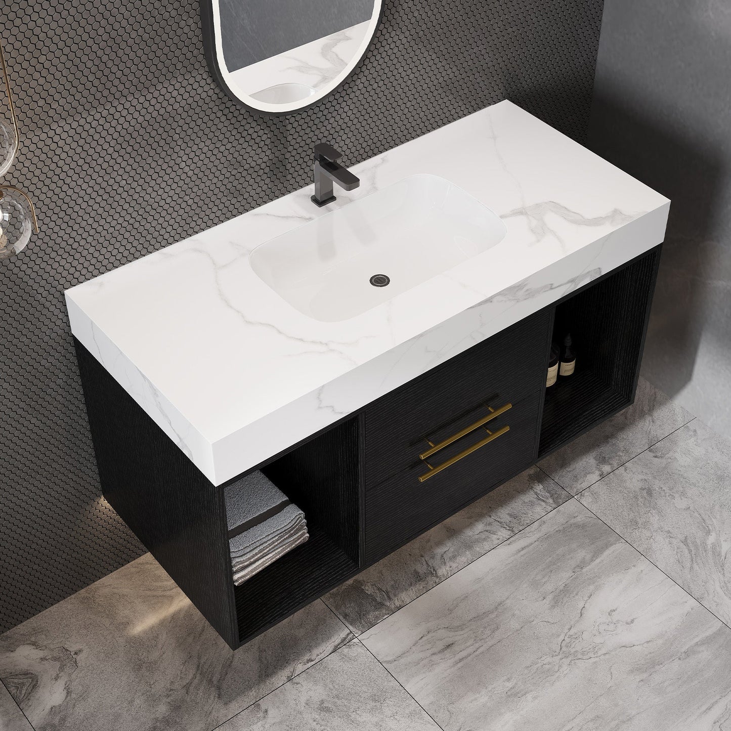39.4' Floating Bathroom Vanity with Ceramic Sink, 2 Drawers and 2 Open Shelves