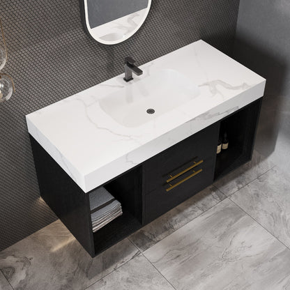39.4' Floating Bathroom Vanity with Ceramic Sink, 2 Drawers and 2 Open Shelves