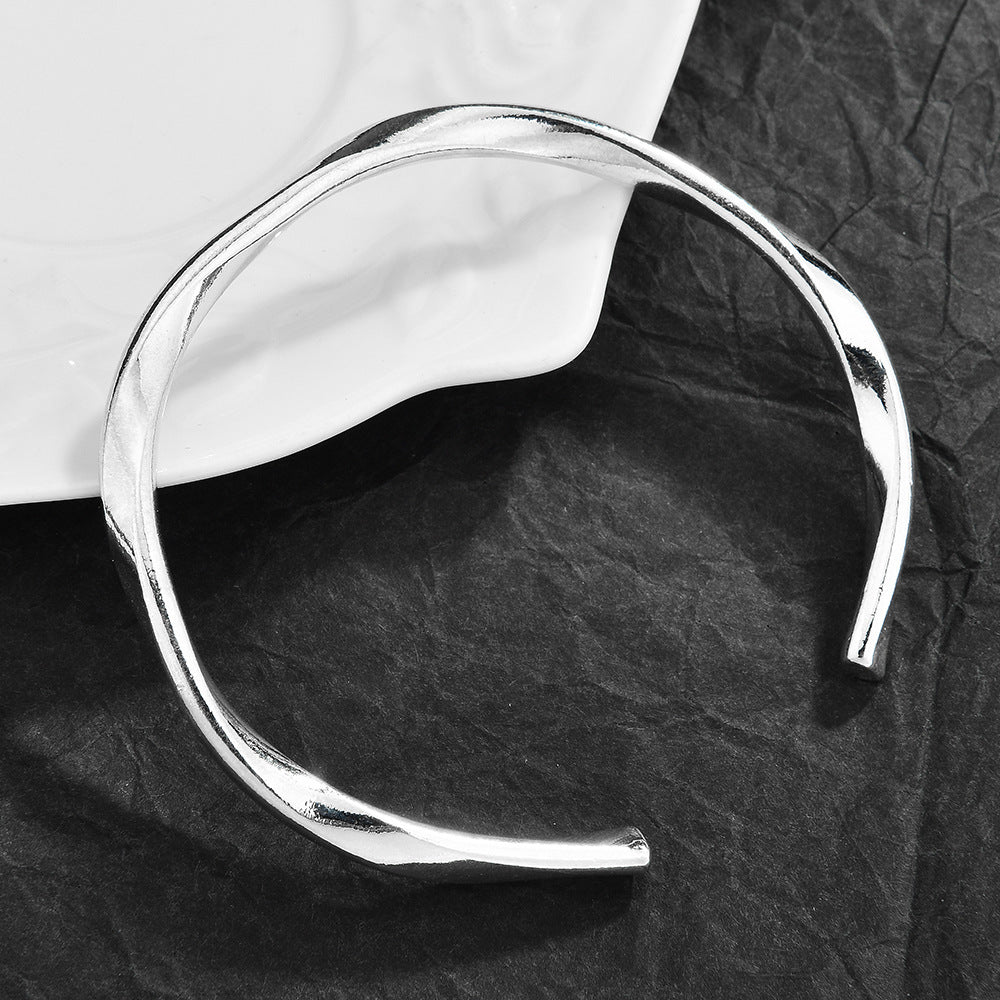 Mobius Irregular Geometric Open Cuff Bangle Set For Women, Broken Silver Stackable Bracelets, Minimal European Fashion Jewelry