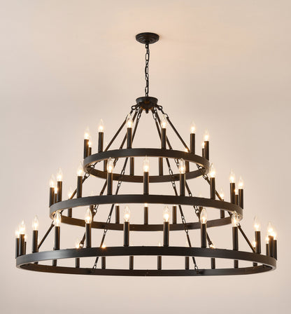 Chandelier Wagon Wheel 3-Tier 36-Light Black Metal 39.37 In Industrial