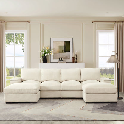 Sectional Sofa U-Shape Corduroy Beige 4 Seat 122 In 2 Ottomans