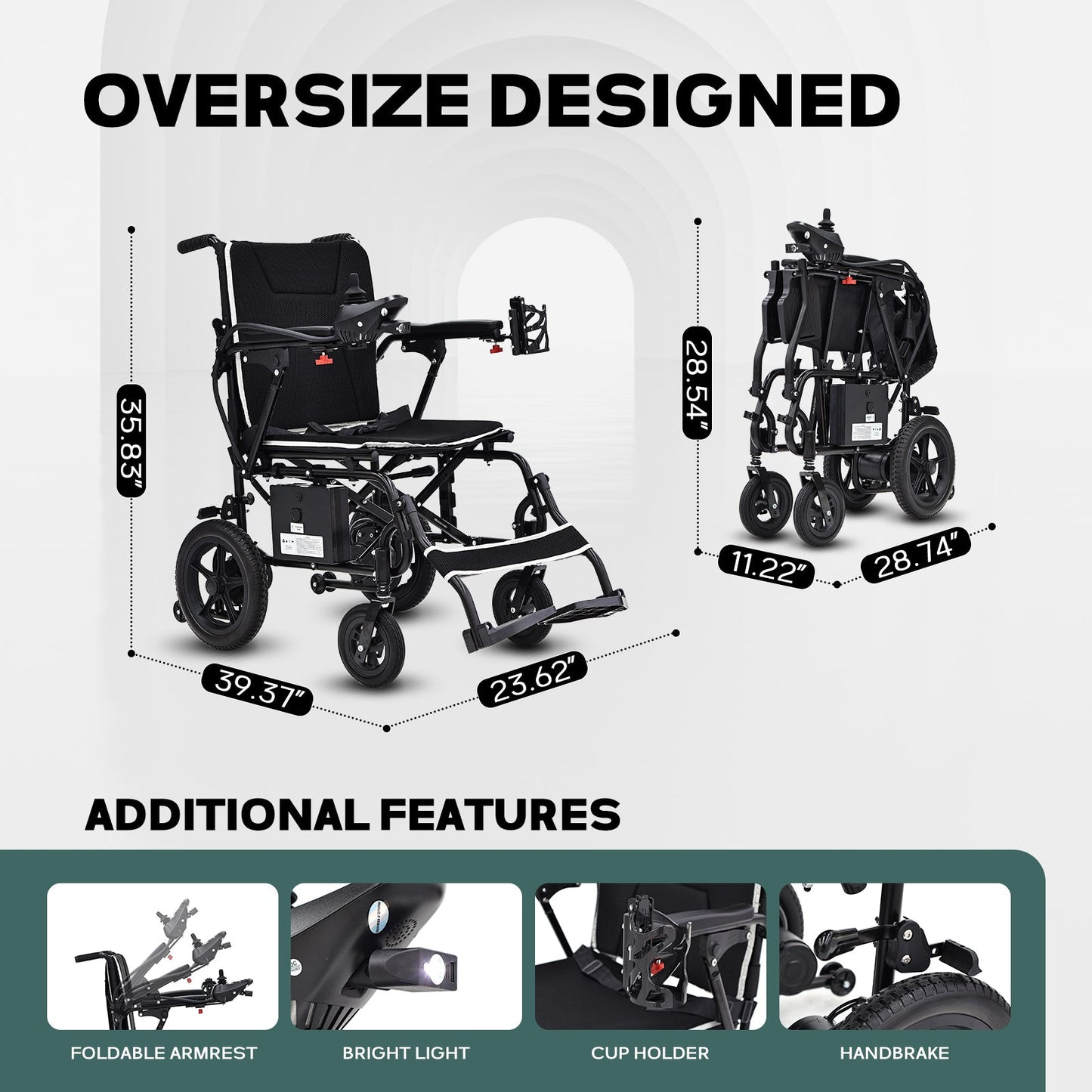 Wheelchair Electric Foldable Aluminum 264 LB 36 LB 180W Dual Motor LED Lights