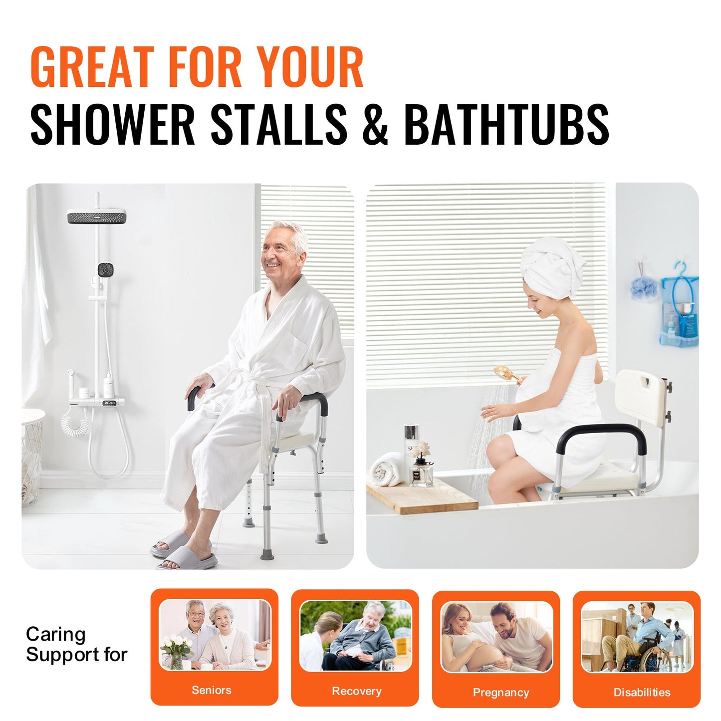 Shower Chair with Backrest Aluminum Adjustable Height Non-Slip 350 LB