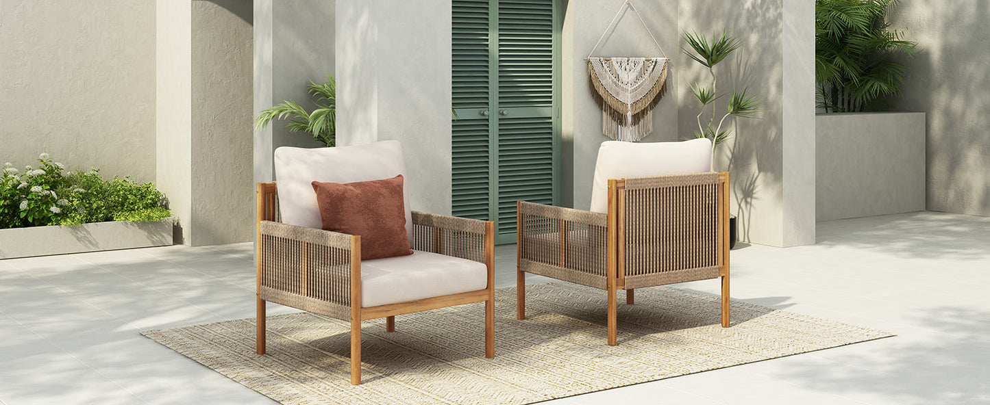 Outdoor Lounge Chair Solid Wood Teak Woven Polyester Cushion Set of 2