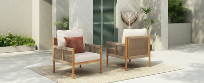 Outdoor Lounge Chair Solid Wood Teak Woven Polyester Cushion Set of 2
