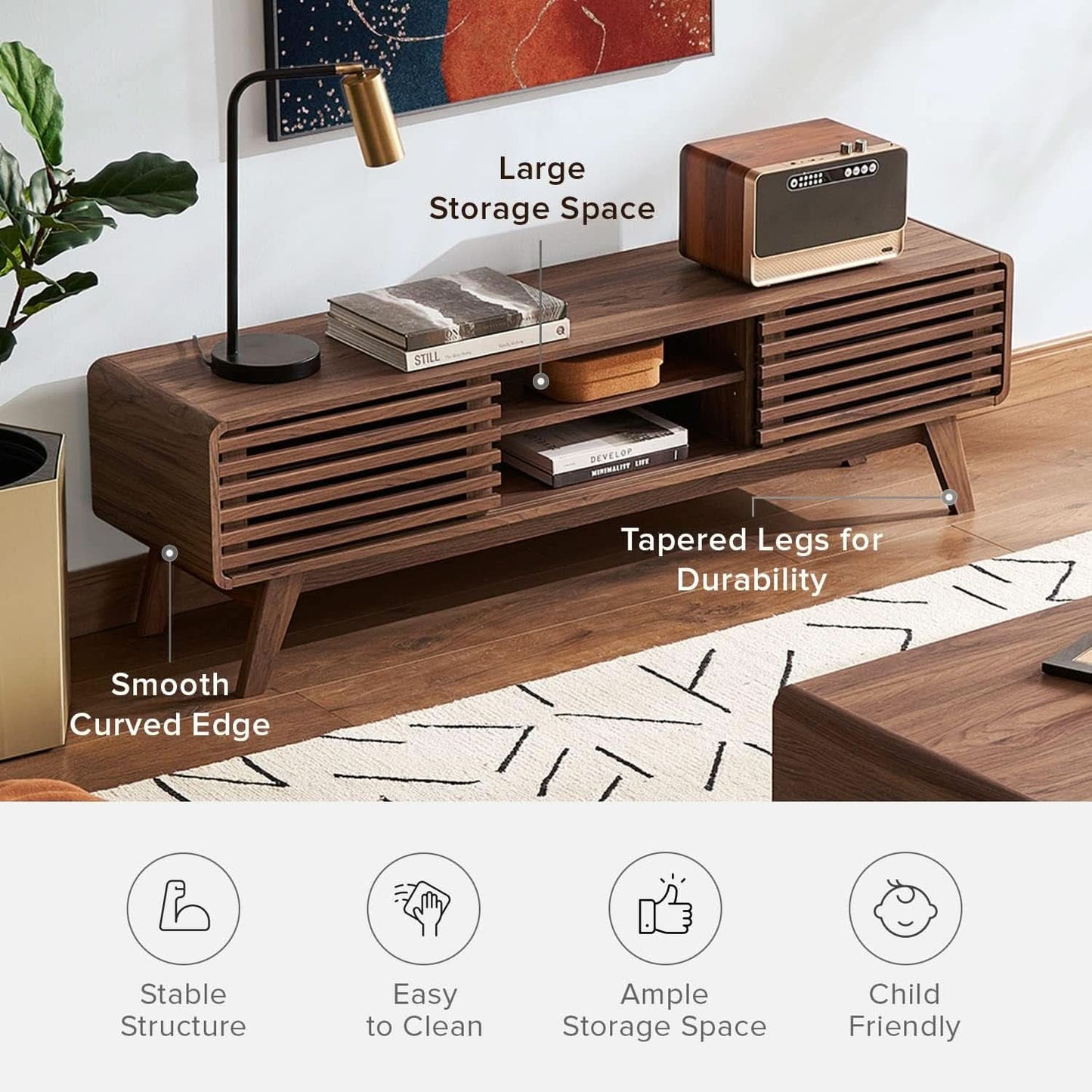 59 Inch Walnut TV Stand Mid Century Modern Console