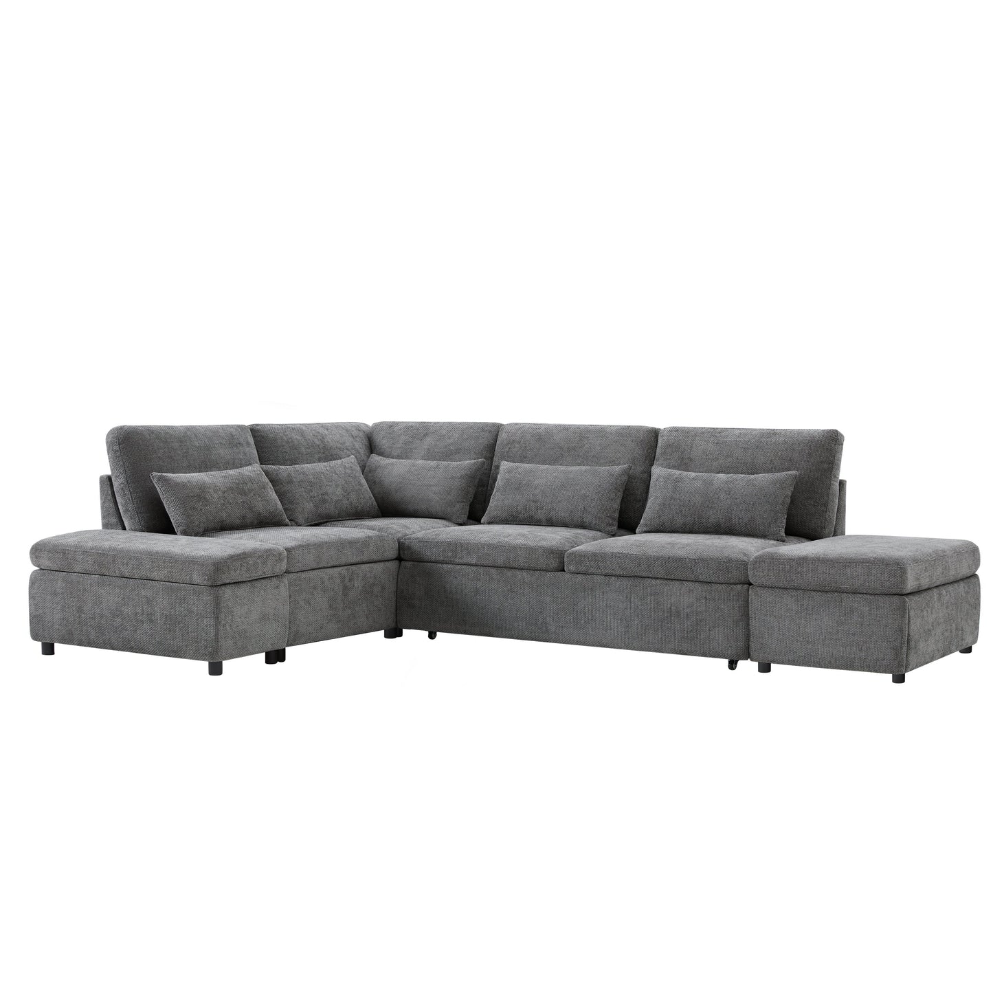 Sofa Bed L-Shape Chenille Gray 6 Seat Pull-Out USB Ports 107 In