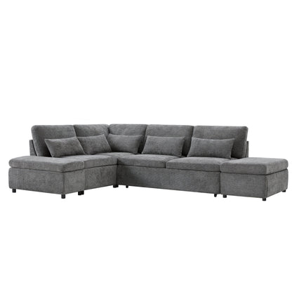 Sofa Bed L-Shape Chenille Gray 6 Seat Pull-Out USB Ports 107 In