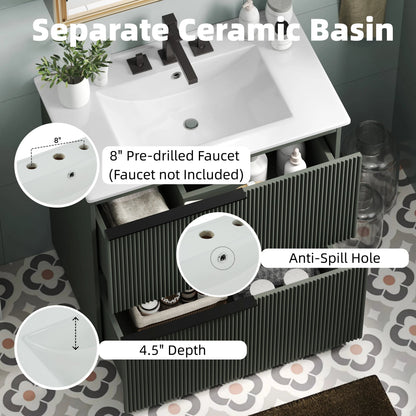 Green Fluted Bathroom Vanity with Ceramic Sink, 30' Full-Extension Drawers, S...