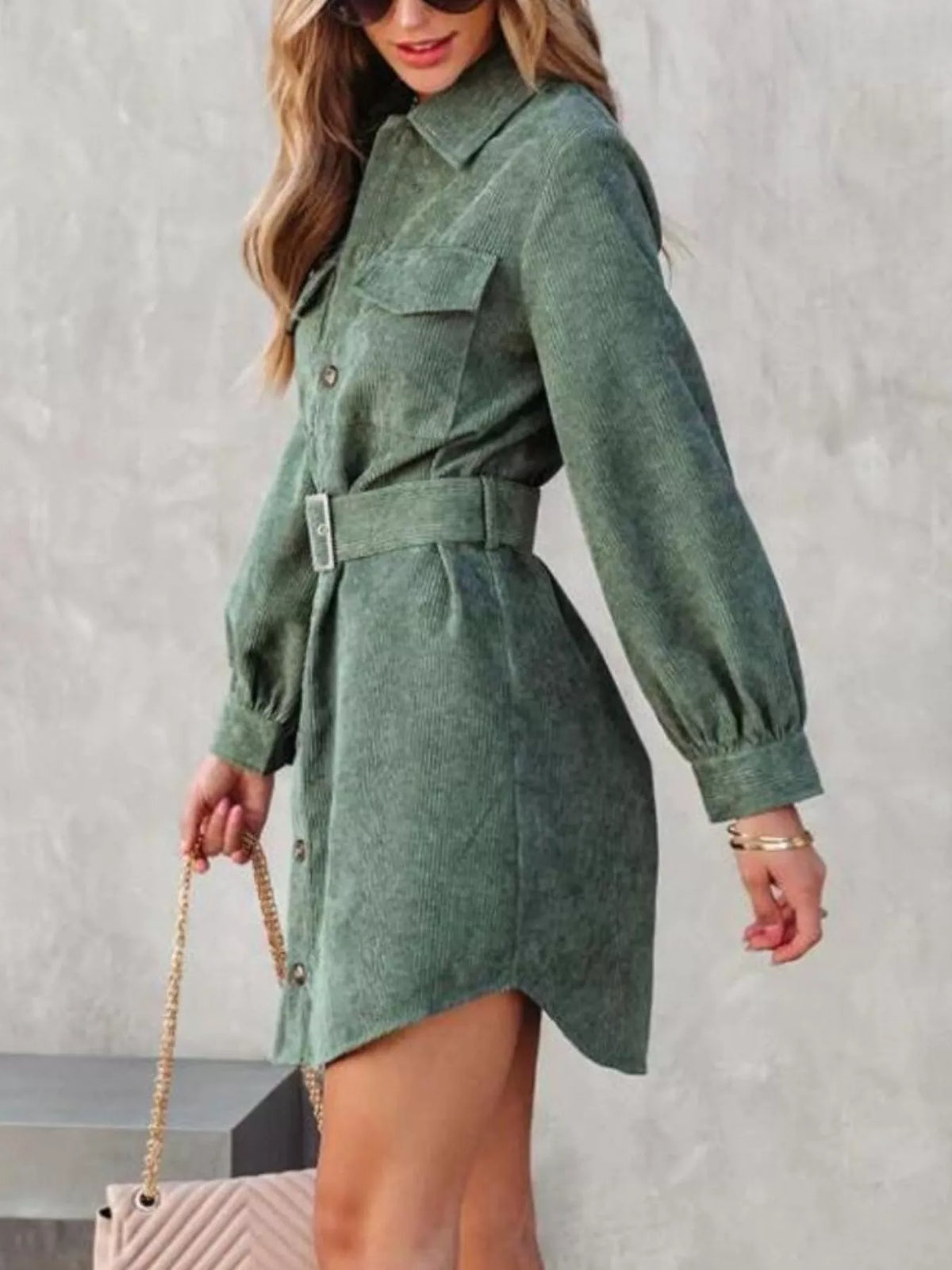 Button Front Belt Long Sleeve Corduroy Dress