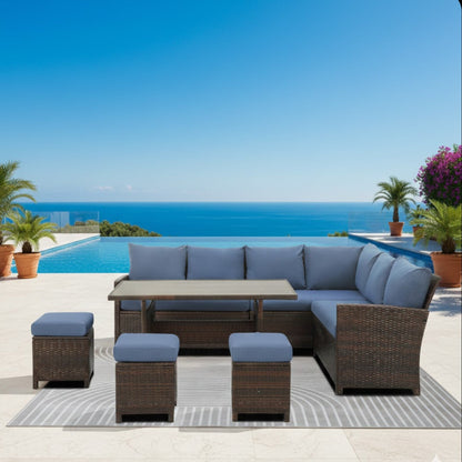 Outdoor Dining Set PE Rattan Brown Blue 7 Piece Seats 8