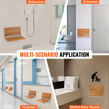 Shower Seat Folding Wall-Mounted Teak Wood 500 LB 20.9x16 In Space-Saving